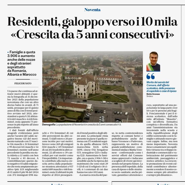 NOVENTA VICENTINA IN CONTROTENDENZA: CINQUE ANNI DI CRESCITA E UNA COMUNITÀ CHE GUARDA AL FUTURO Noventa Vicentina conti...