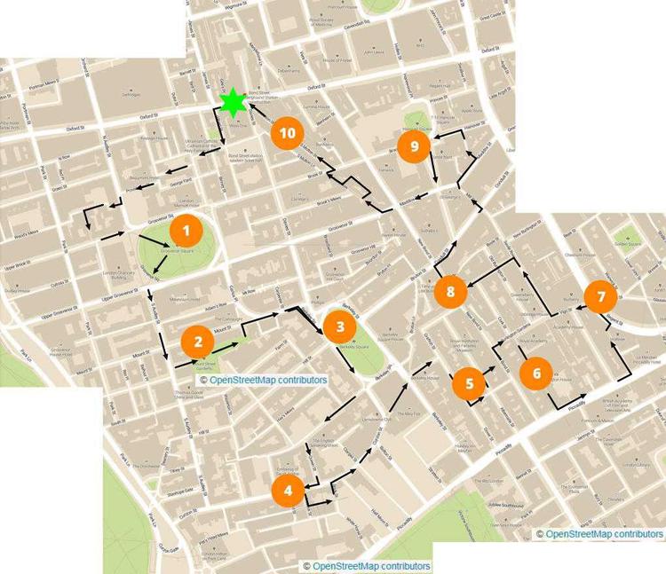 Route overview of the London Luxurious Mayfair Walk to Hanover Square and Bond Street Station