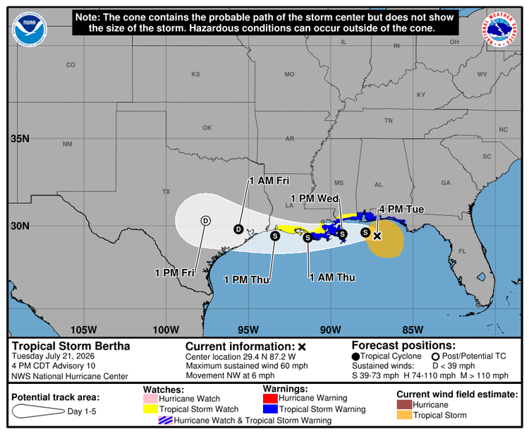 National Hurricane Center forecast cone for Tropical Storm Bertha showing a westward track along the northern Gulf Coast toward Louisiana and the upper Texas coast.