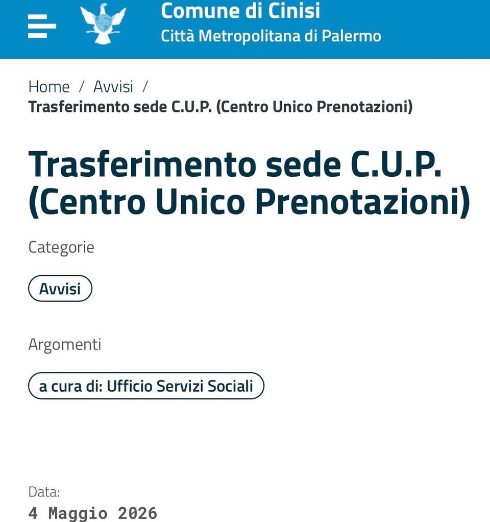 Si comunica alla cittadinanza che a partire da mercoledì 06 maggio p.v. il C.U.P. (Centro Unico Prenotazioni) sarà trasf...