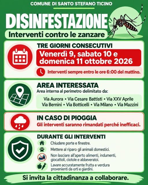 📢 SOSPETTO CASO DI DENGUE – DISINFESTAZIONE PRECAUZIONALE Il Comune di Santo Stefano Ticino, in data odierna, ha ricevu...