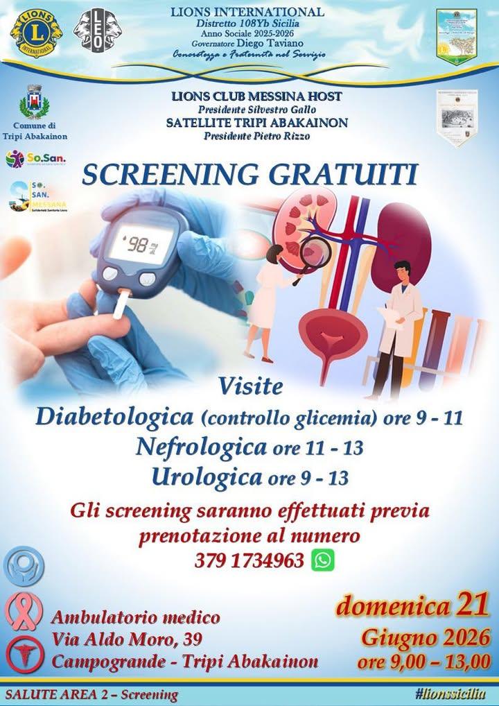 📢 SCREENING GRATUITI DI PREVENZIONE A TRIPI ABAKAINON 🦁 Il Lions Club Messina Host, con il Satellite Tripi Abakainon,...