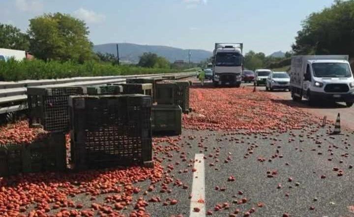 Camion perde il carico di pomodori sulla A2: cassoni finiscono nella corsia chiusa per lavori