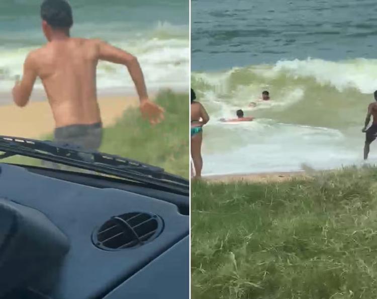 Vendedor de laranja deixa carro às pressas para salvar menino no mar ao ver pai tentando alcançá-lo em Rio das Ostras; VÍDEO
