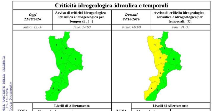 Maltempo, allerta gialla per domani su tutta l'area Tirrenica della Calabria