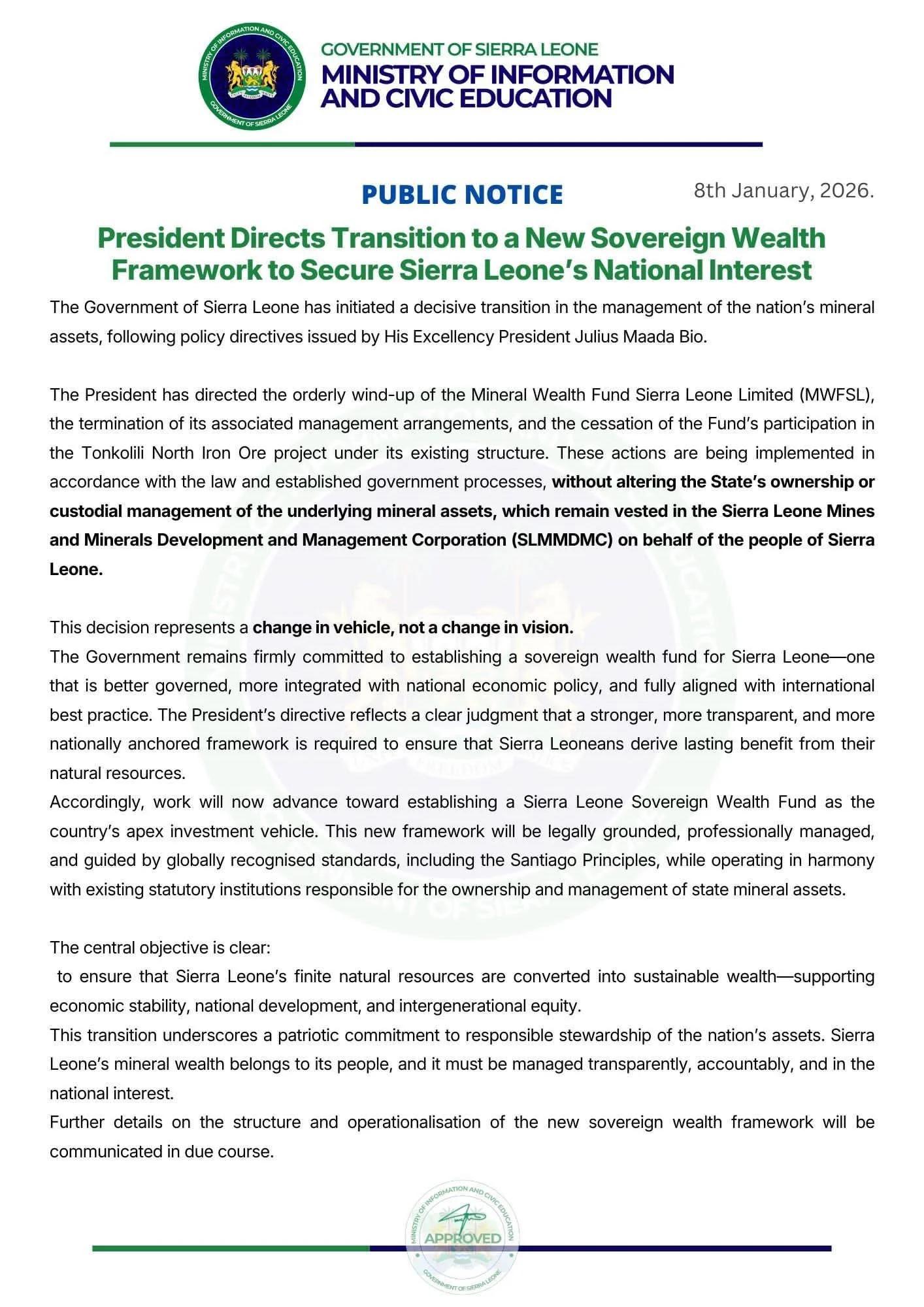 President Bio Directs Wind-Up of Mineral Wealth Fund, Paves Way for New Sovereign Wealth Fund