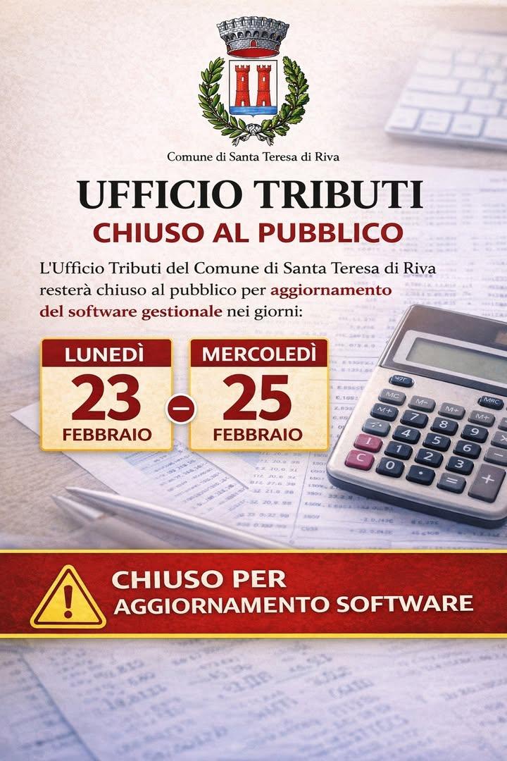 Si comunica che l’Ufficio Tributi del Comune di Santa Teresa di Riva resterà chiuso al pubblico nelle giornate di lunedì...