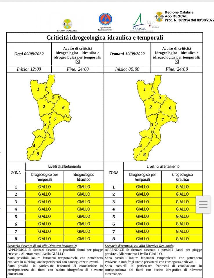🔔⚠️ Allerta gialla prevista per oggi 9 e domani 10 Agosto su tutta la Calabria. ⛈️⚡Temporali sparsi in corso prestare la massima attenzione.⚠️🔔 - Protezione Civile Regione Calabria