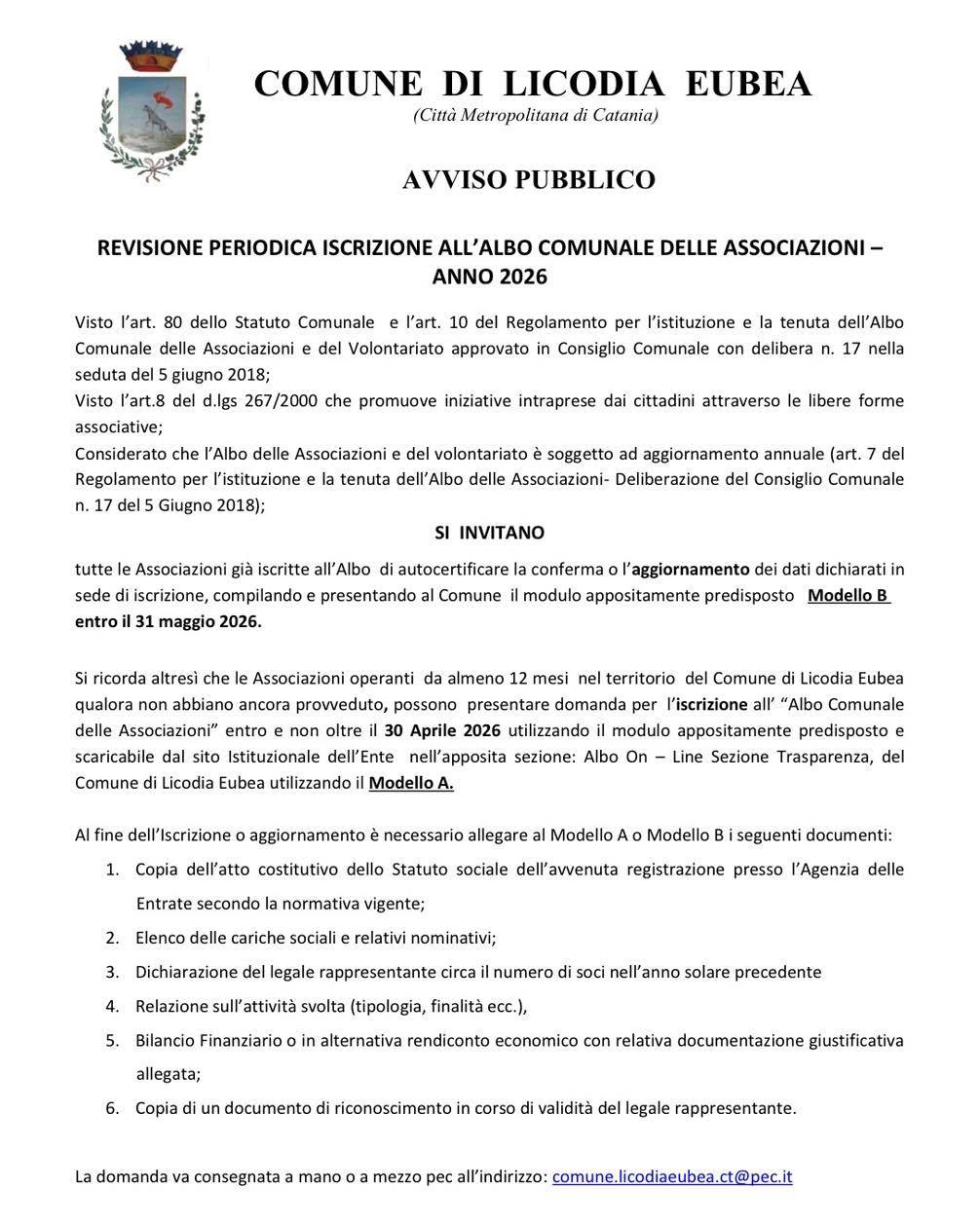 📋✅ 𝗥𝗘𝗩𝗜𝗦𝗜𝗢𝗡𝗘 𝗔𝗟𝗕𝗢 𝗖𝗢𝗠𝗨𝗡𝗔𝗟𝗘 𝗗𝗘𝗟𝗟𝗘 𝗔𝗦𝗦𝗢𝗖𝗜𝗔𝗭𝗜𝗢𝗡𝗜 ➡️✍️ Si invitano tutte le Associazi...
