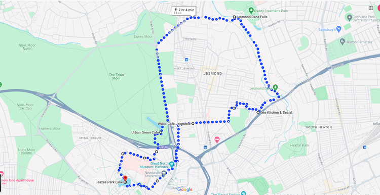 Route overview of the 9 km Dog-friendly Parks & Cafes Walk