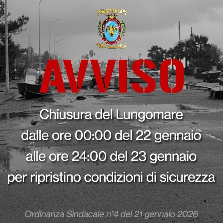 Chiusura del Lungomare dalle ore 00.00 del 22 gennaio alle ore 24.00 del 23 gennaio per ripristino condizioni di sicurez...