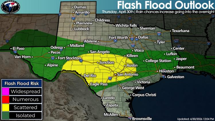 Texas flash flood outlook map for Thursday, April 30, showing scattered flash flood risk from Southwest Texas into the Hill Country and Central Texas, with isolated risk farther west and east.
