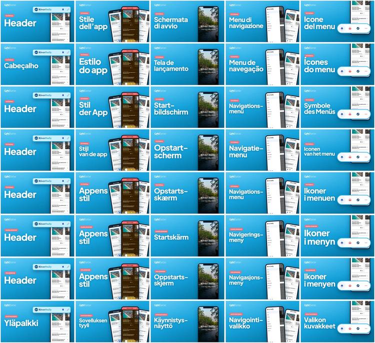 Forty YouTube thumbnails: five tutorials in eight languages, each with its title translated.