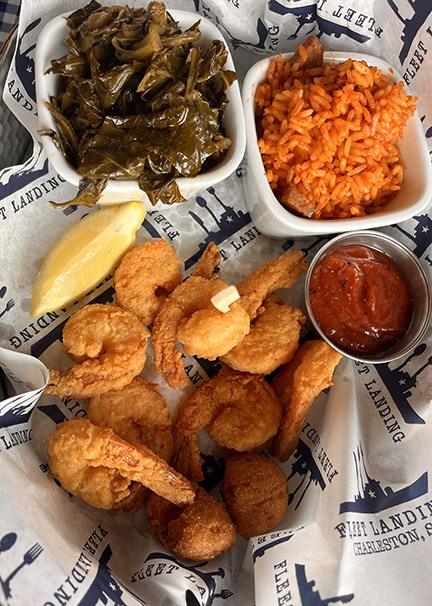 Charleston red rice, shrimp and collard greens at Fleet Street Landing in Charleston, South Carolina
