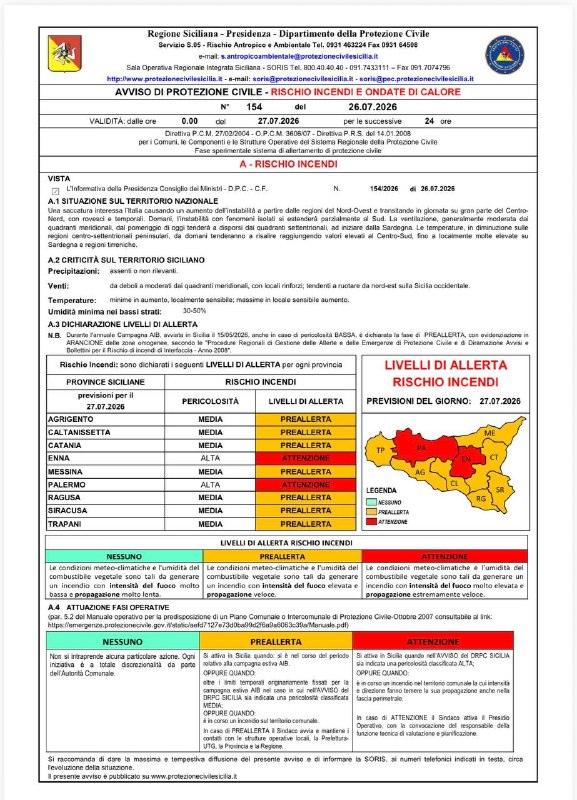 Lunedì 27/07/2026, PERICOLOSITA' INCENDI ALTA sulle province di EN e PA con dichiarato LIVELLO DI ATTENZIONE RISCHIO INC...