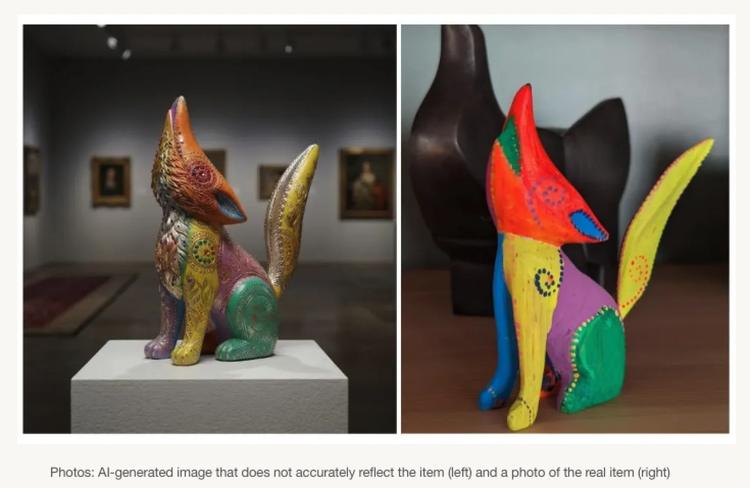 Side-by-side images compare an AI-generated, intricately decorated animal sculpture on a gallery pedestal with the actual item, a brightly painted sculpture with a simpler design on a wooden surface.