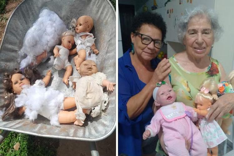 Aposentada restaura bonecas que iriam para o lixo e presenteia crianças e idosas no Litoral de SP: ‘De 0 a 102 anos’