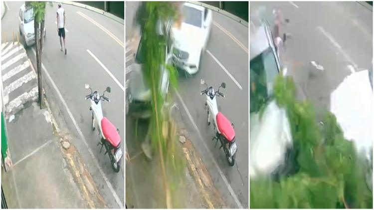 Vídeo: Motorista de Mercedes atropela pedestre, bate em carro e moto e derruba árvore, no Crato
