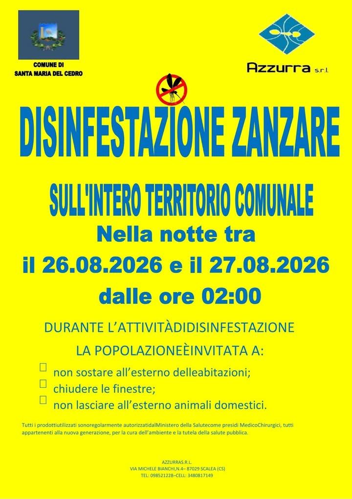 ++ AVVISO ALLA CITTADINANZA - DISINFESTAZIONE ZANZARE SULL’INTERO TERRITORIO COMUNALE ++ Il Comune di Santa Maria del Ce...