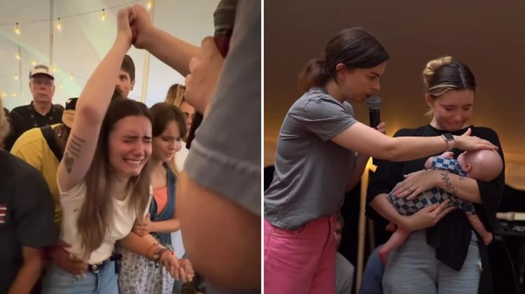 Mulher que não conseguia engravidar apresenta filho na igreja após oração