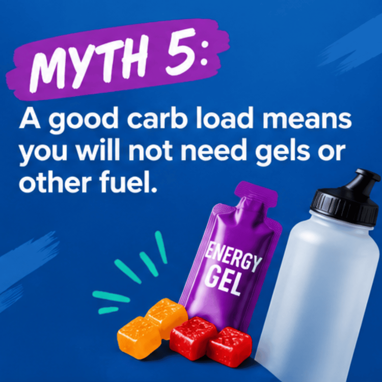Text reads: “MYTH 5: A good carb load means you will not need gels or other fuel.” Below are distance running essentials—a purple energy gel, water bottle, and orange and red chews—on a blue background. Austin Marathon Half Marathon & 5K