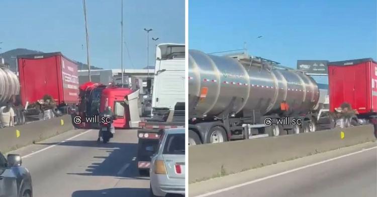 Cabine de caminhão “desgruda” após engavetamento e para na pista contrária na BR-101 em Itajaí