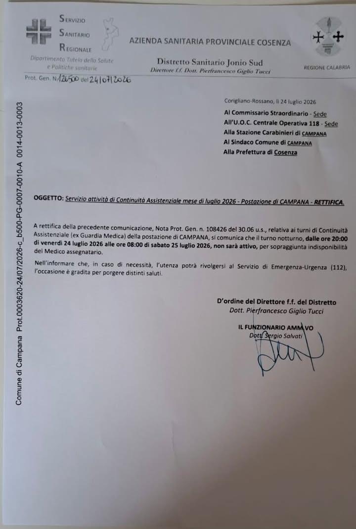 AVVISO Sì avvisa la cittadinanza che per sopraggiunta indisponibilità del medico assegnatario, il turno dí continuità as...