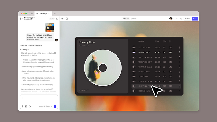 The Figma make interface showing a visual design canvas with a text prompt alongside