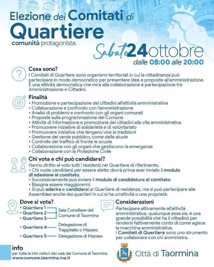 Elezioni dei Comitati di Quartiere: candidature entro il 28 settembre Il Comune di Taormina informa la cittadinanza che...