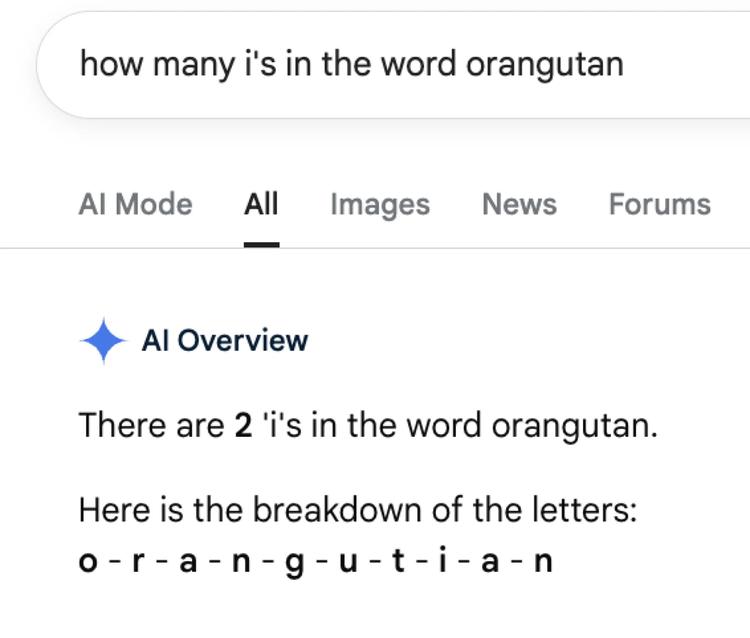 A screenshot of Google AI overviews giving the wrong answer to a spelling question.