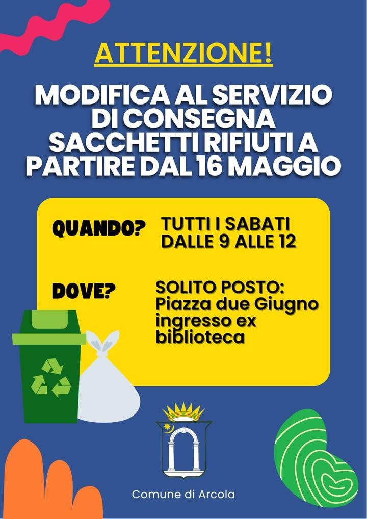‼️ Avviso alla cittadinanza Modifica al servizio di consegna sacchetti rifiuti a partire dal 16 maggio