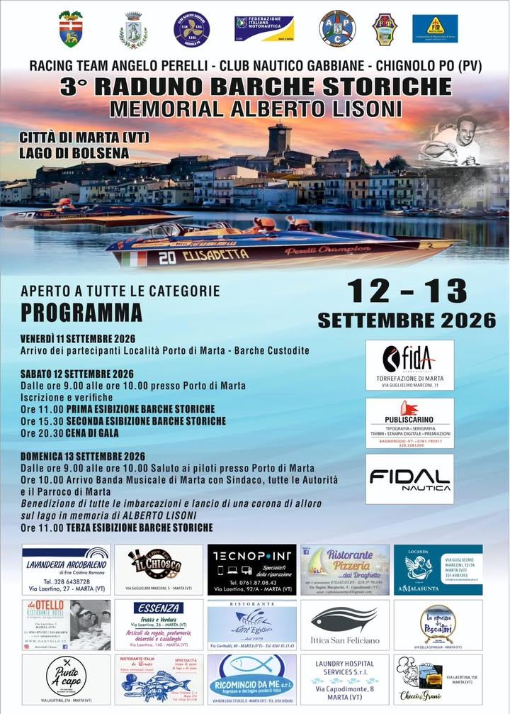 🚤 3° Raduno Barche Storiche Memorial Alberto Lisoni  🌊 Il 12 e 13 settembre 2026 Marta (VT) ospita la 3ª edizione del...