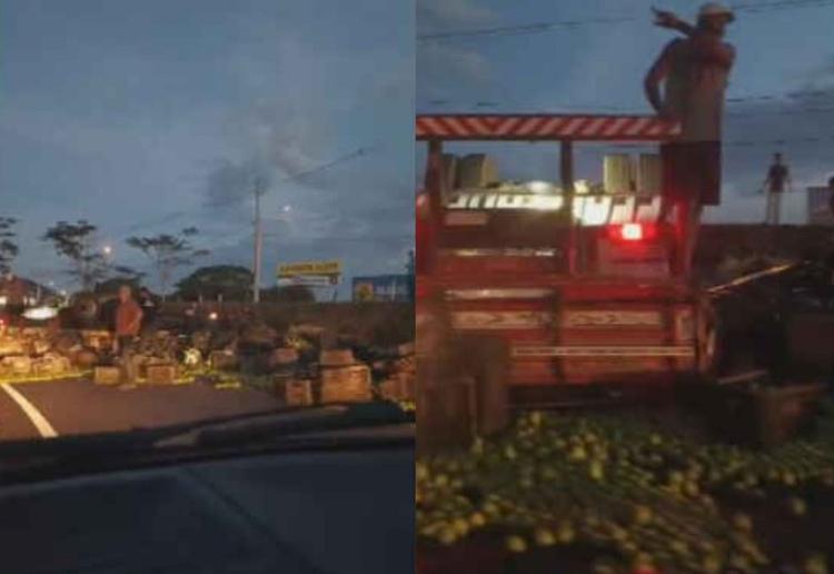 Caminhão carregado de laranja tomba e interdita Rodovia Washington Luís em Mirassol