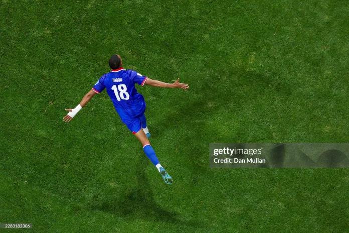 Wilson Isidor #18 of Haiti celebrates scoring his team's second goal during the FIFA World Cup 2026 Group C match between Morocco and Haiti at Atlanta Stadium on June 24, 2026 in Atlanta, Georgia