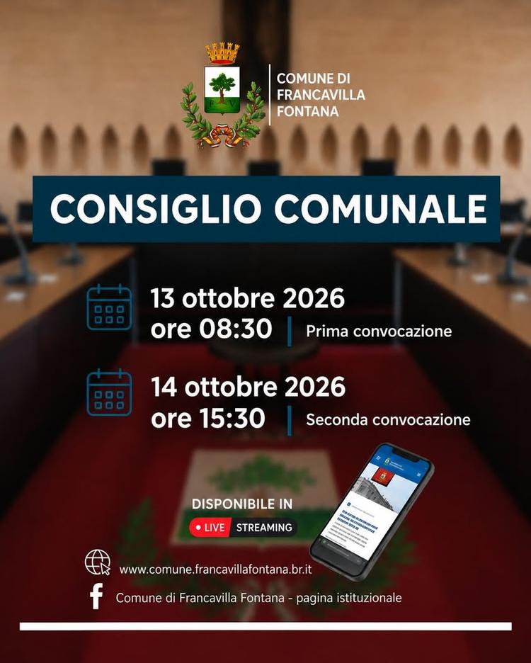 Il Consiglio Comunale si riunirà in sessione straordinaria il 13 ottobre 2026 alle ore 8:30 in prima convocazione e il g...