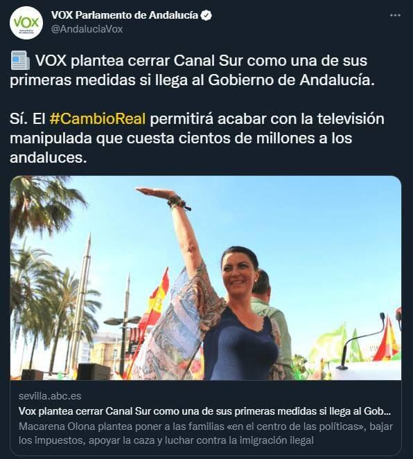 «Es una mentira de las izquierdas» dicen comentarios a una publicación de la Voz de La Rinconada sobre el cierre de Canal Sur por VOX