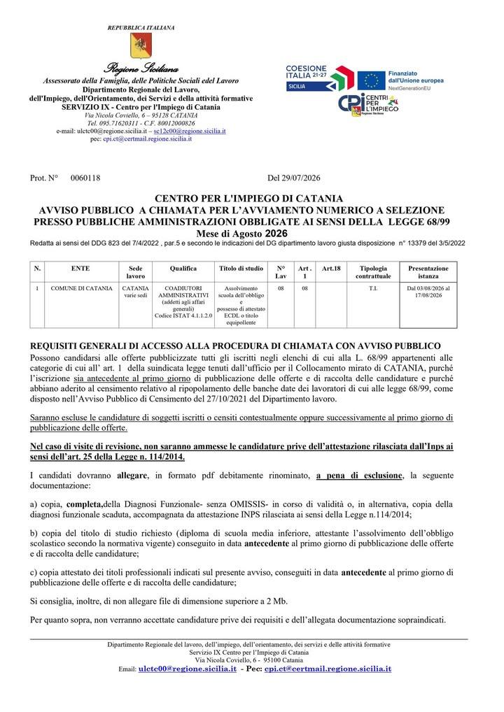 CENTRO PER L'IMPIEGO DI CATANIA AVVISO PUBBLICO A CHIAMATA PER L’AVVIAMENTO NUMERICO A SELEZIONE PRESSO PUBBLICHE AMMINI...