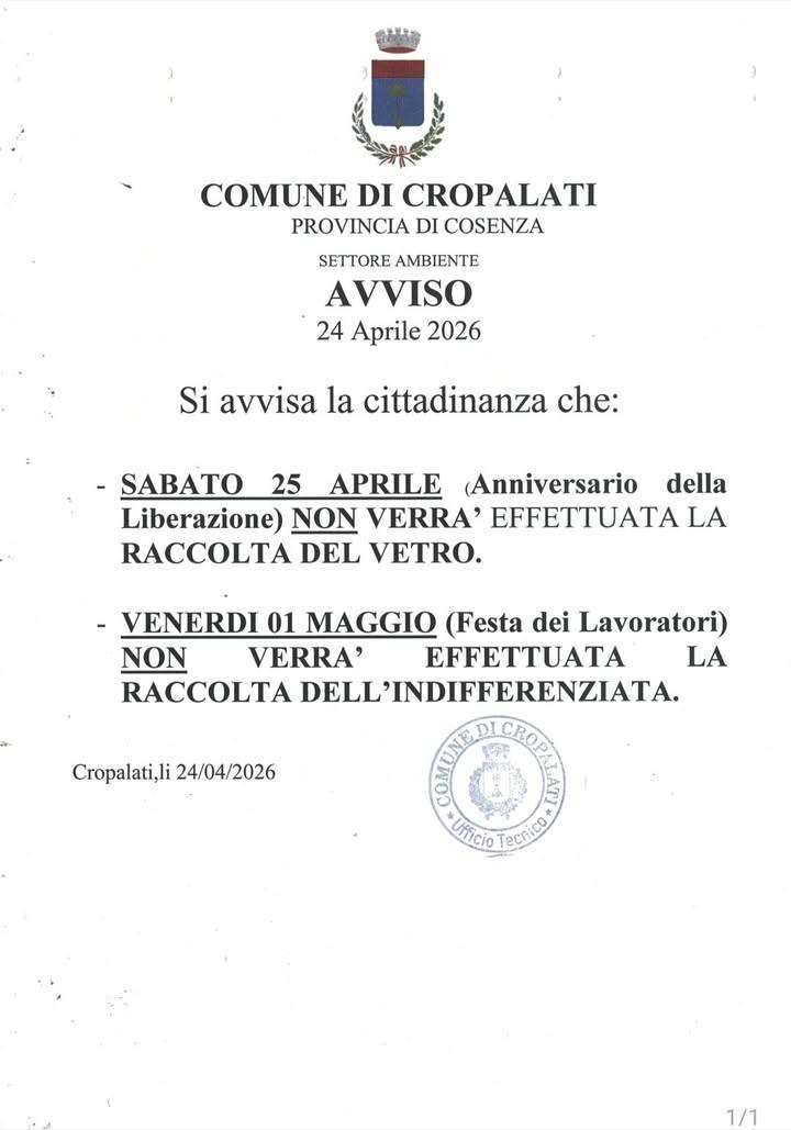 Avviso Settore Ambiente del 24 Aprile 2026