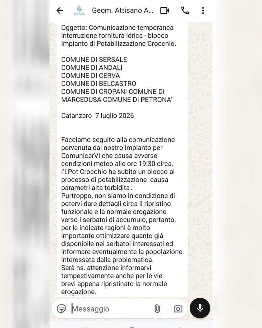 ⚠️💧𝗚𝗨𝗔𝗦𝗧𝗢 𝗜𝗠𝗣𝗜𝗔𝗡𝗧𝗢 𝗣𝗢𝗧𝗔𝗕𝗜𝗟𝗜𝗭𝗭𝗔𝗭𝗜𝗢𝗡𝗘 𝗖𝗥𝗢𝗖𝗖𝗛𝗜𝗢 𝗦𝗢𝗥𝗜𝗖𝗔𝗟 ha appena comunicato...