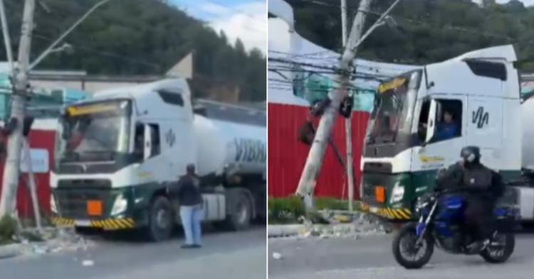 Motorista de caminhão de combustível colide em poste e perde a consciência em Itajaí