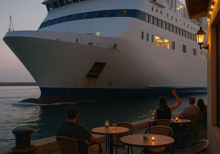 Bar on Greek Island of Chios Offers Drinks Inches From Massive Passing Ferries