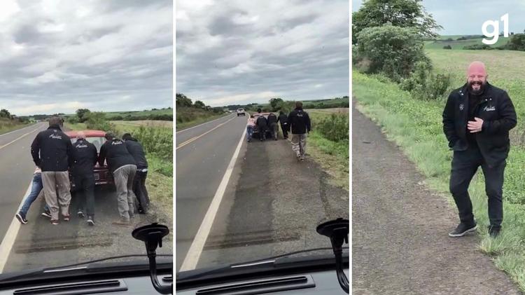 Cantor interrompe viagem para socorrer motorista que dirigia carro com mais de 50 anos e causa risadas em equipe: 'Perigo de incendiar'