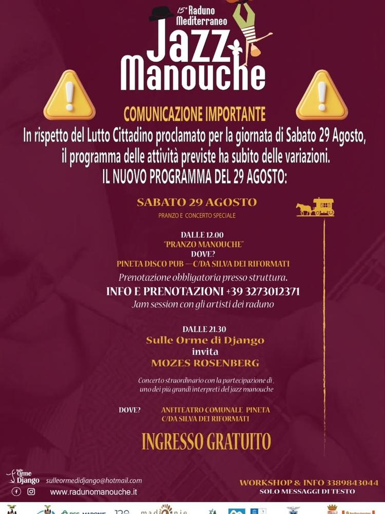 ⚠️ COMUNICAZIONE IMPORTANTE ⚠️ ​In rispetto del Lutto Cittadino proclamato per la giornata di Sabato 29 Agosto, il progr...