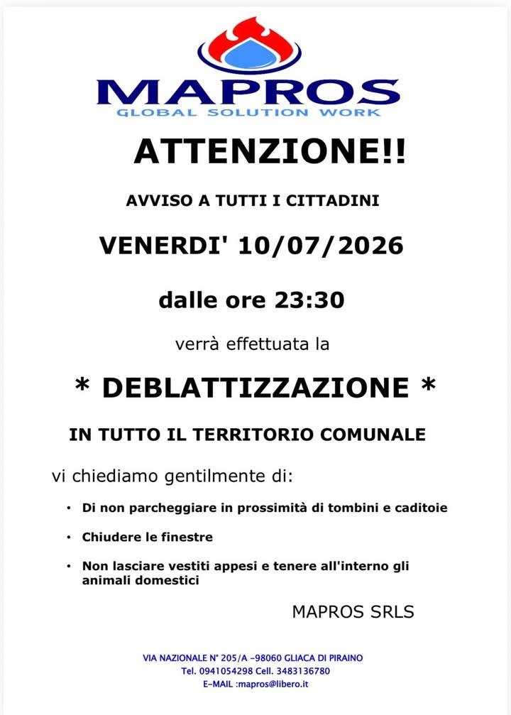 ⚠️ DEBLATTIZZAZIONE IN TUTTO IL TERRITORIO COMUNALE❗️ 🗓️ 10/07/2026 🕦 dalle ore 23:30
