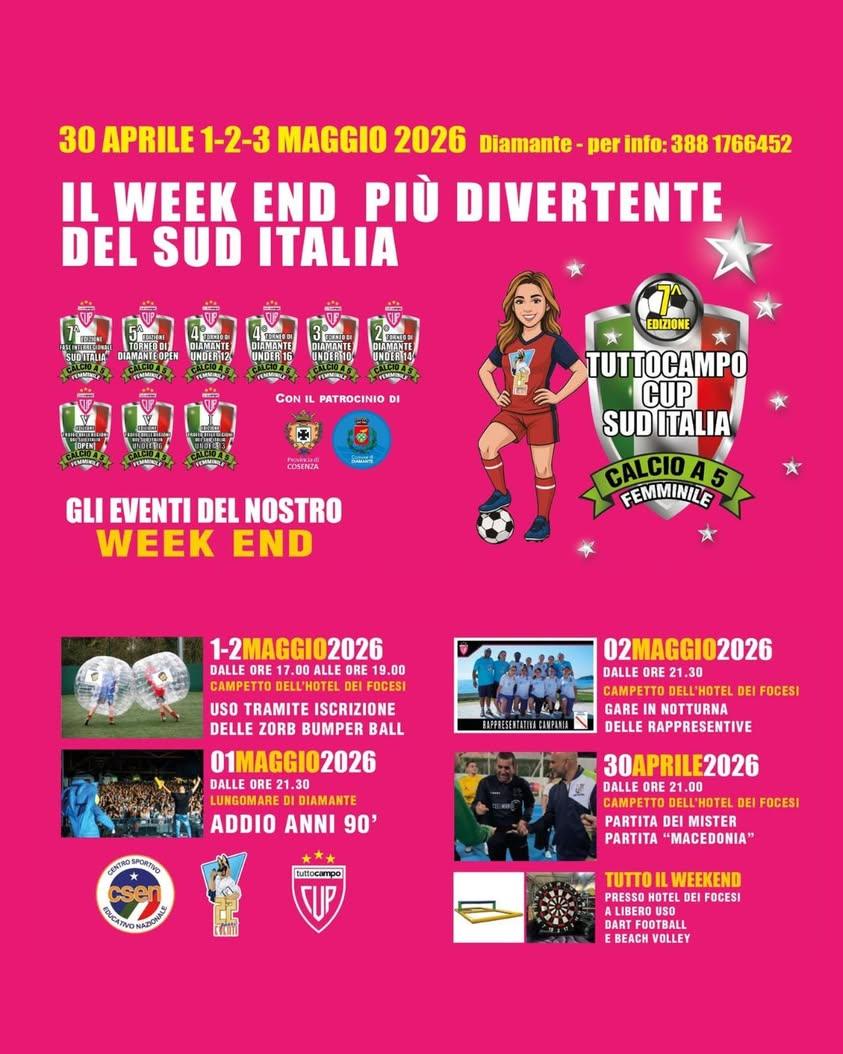 Dal 30 aprile al 3 maggio 2026, Diamante ospita la 7ª edizione della TuttoCampo Cup Sud Italia, torneo di calcio a 5 fem...