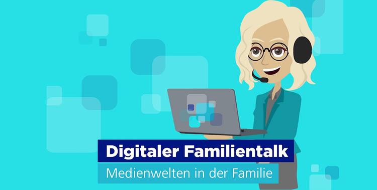  Das Bild zeigt eine Cartoon-Frau mit blonden, lockigen Haaren und Brille, die ein Headset trägt und einen Laptop hält. Sie steht vor einem hellblauen Hintergrund mit abstrakten Formen. Unter ihr steht der Text „Digitaler Familientalk – Medienwelten in der Familie“.