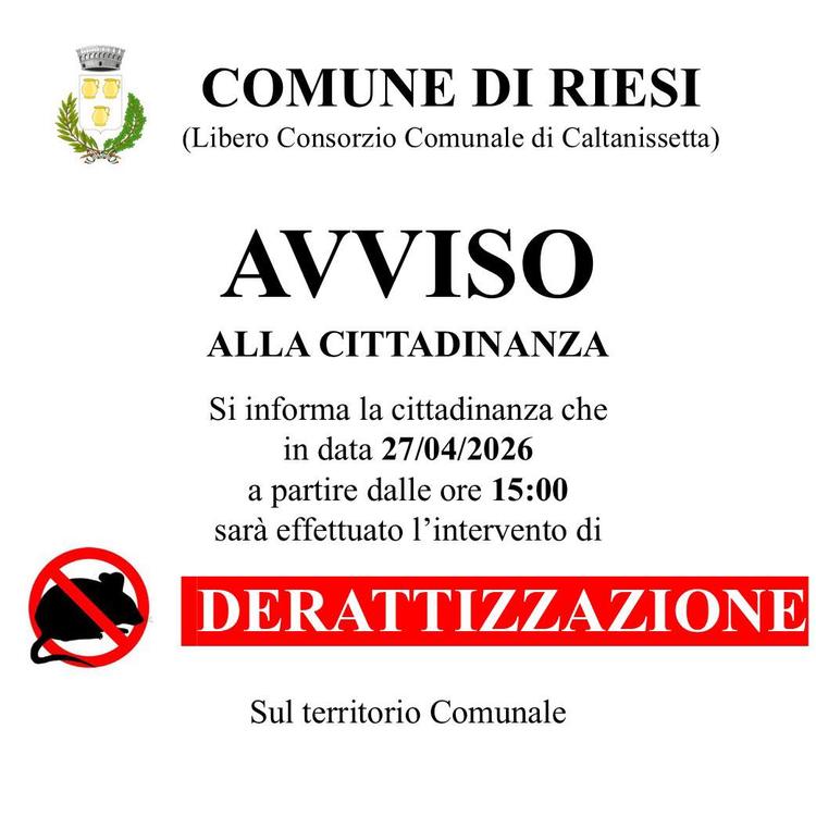 INTERVENTO DI DERATTIZZAZIONE DEL CENTRO ABITATO Si avvisa la cittadinanza che in data lunedì 27/04/2026 a partire dalle...