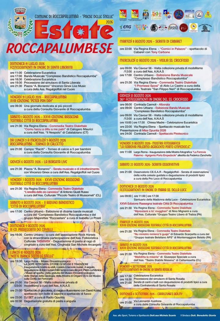 ☀️ ESTATE ROCCAPALUMBESE 2026 ☀️ L’Amministrazione Comunale è lieta di presentare il calendario ufficiale dell’Estate Ro...