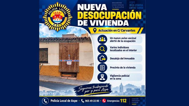 Nuevo desalojo de una vivienda ocupada en Aspe tras el aviso de un vecino