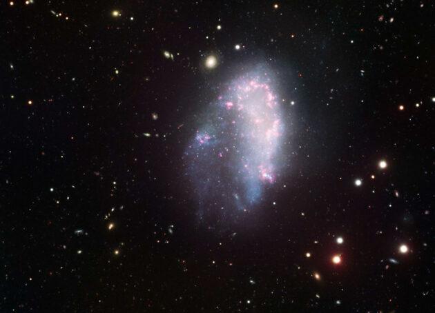 Die Zwerggalaxie NGC1427A fliegt durch den Fornax-Galaxienhaufen und erleidet dabei Störungen, die nicht möglich wären, wenn diese Galaxie von einem schweren und ausgedehnten Halo aus dunkler Materie umgeben wäre, wie es die Standardkosmologie verlangt. Copyright: ESO.org